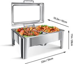 Premium Stainless Steel Double Compartment Chafing Dish Buffet Server with Glass Viewing Lid, Silent Soft-Close Cover, Food Warmer & Cooler Catering Buffet Set, Heavy Duty Mirror Finish Rectangular Chafer for Hotels, Restaurants, Weddings & Parties – 9L