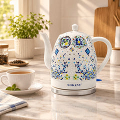 SOKANY SK-09008 Premium Ceramic Electric Kettle 1.5L, 1000W, Decorative Mosaic Porcelain Design, 360° Swivel Detachable Base