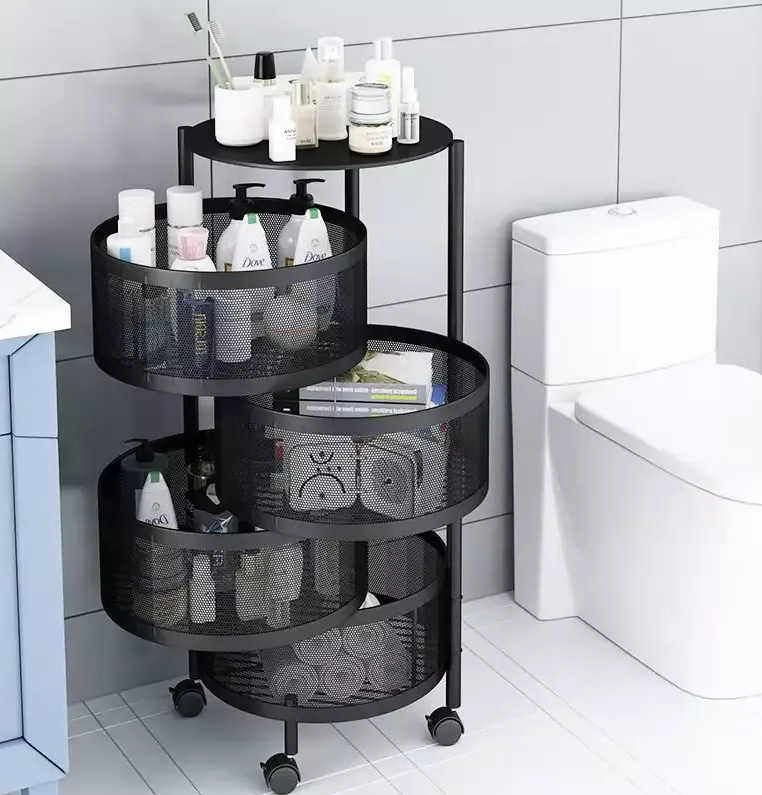 Multi Layer Round Metal Kitchen Storage Rack with Rotating Shelves & Wheels
