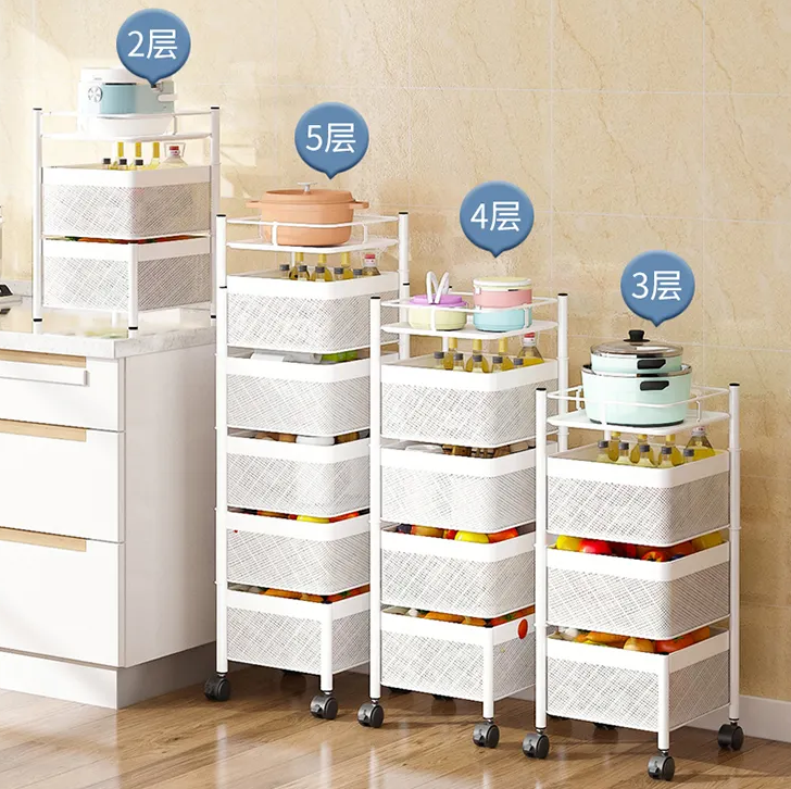 Multi Layer Square Metal Kitchen Storage Rack with Rotating Shelves & Wheels