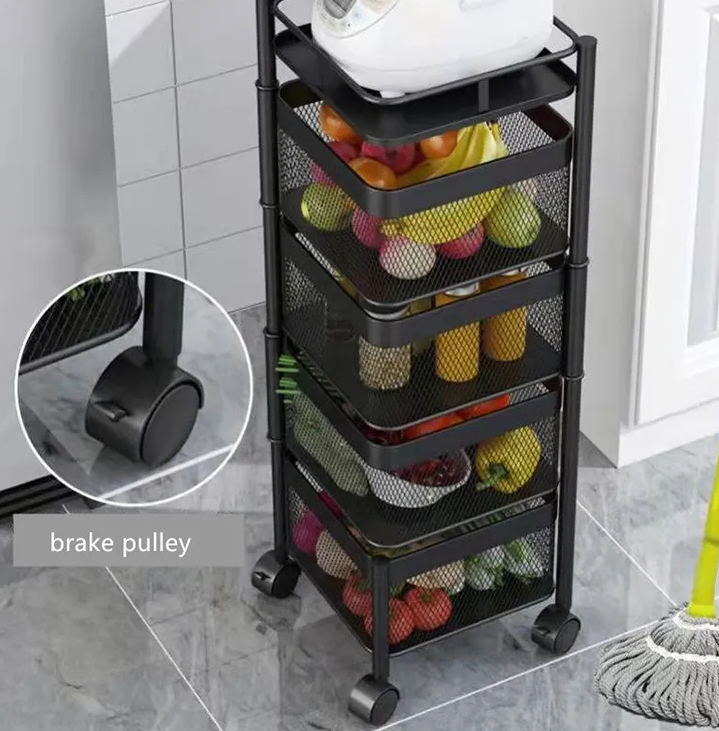 Multi Layer Square Metal Kitchen Storage Rack with Rotating Shelves & Wheels