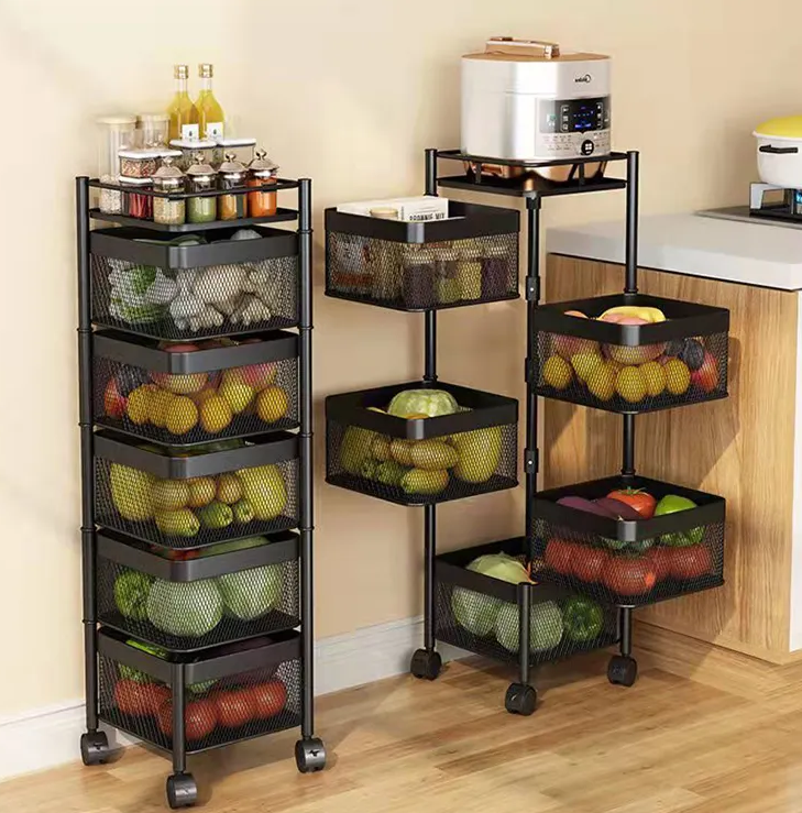 Multi Layer Square Metal Kitchen Storage Rack with Rotating Shelves & Wheels