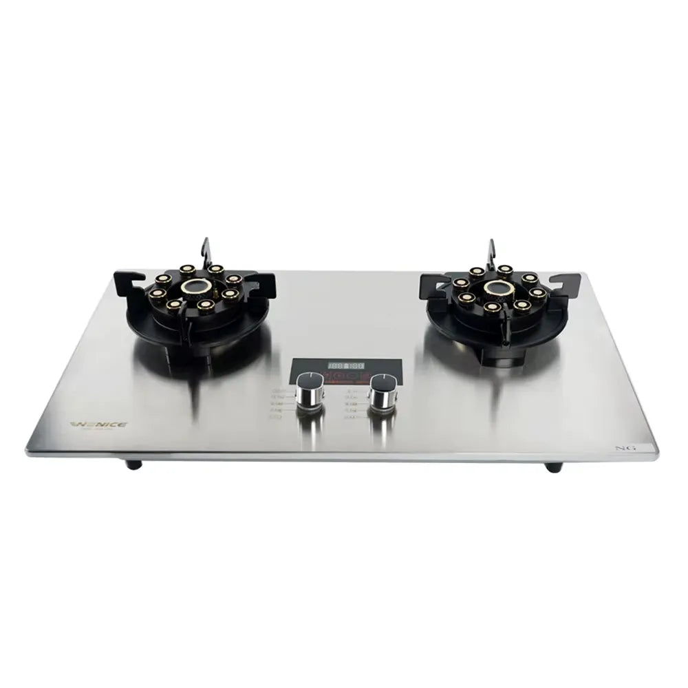 WE NICE Dual Burner Indoor Glass Top GasHob Stove with Tempered Glass Surface, Heavy Duty Brass Burners, Auto Ignition, Stainless Steel Body and Digital Display Control Panel