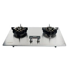 WE NICE Dual Burner Indoor Glass Top GasHob Stove with Tempered Glass Surface, Heavy Duty Brass Burners, Auto Ignition, Stainless Steel Body and Digital Display Control Panel