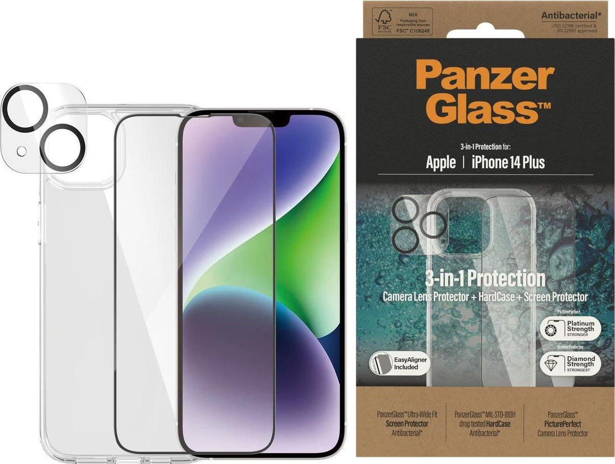 PanzerGlass 3-in-1 Protection Set for Apple iPhone 14 Plus with Tempered Glass Screen Protector, Clear Case and Camera Lens Glass