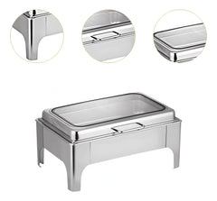 Premium Stainless Steel Double Compartment Chafing Dish Buffet Server with Glass Viewing Lid, Silent Soft-Close Cover, Food Warmer & Cooler Catering Buffet Set, Heavy Duty Mirror Finish Rectangular Chafer for Hotels, Restaurants, Weddings & Parties – 9L