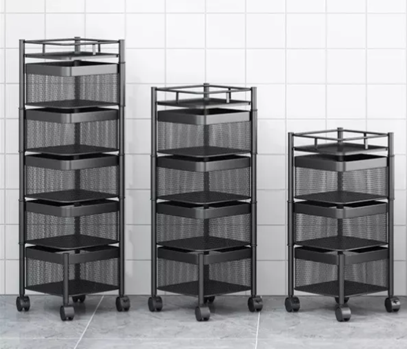 Multi Layer Square Metal Kitchen Storage Rack with Rotating Shelves & Wheels