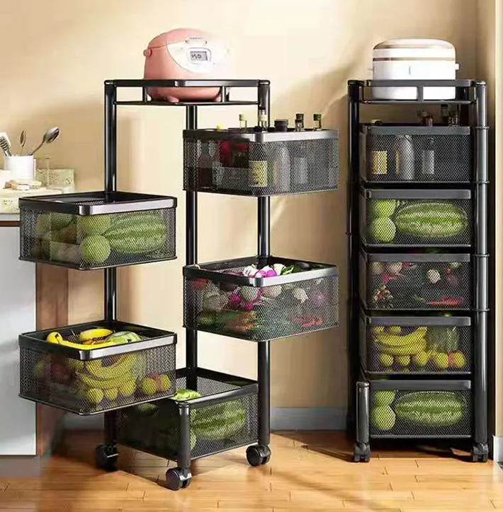 Multi Layer Square Metal Kitchen Storage Rack with Rotating Shelves & Wheels