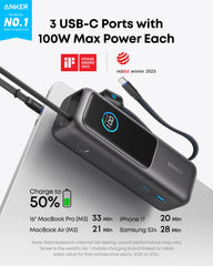 Anker Laptop Power Bank (25K, 165W, Built-In USB-C And Retractable Cables) Black