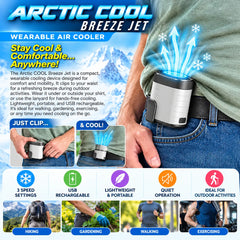 Arctic Cool Breeze Jet Wearable Air Cooler, USB Rechargeable Portable Waist Clip Fan with 3 Adjustable Speeds, Hands-Free Cooling & Up to 12 Hours Runtime