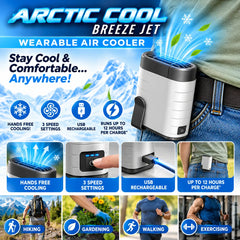 Arctic Cool Breeze Jet Wearable Air Cooler, USB Rechargeable Portable Waist Clip Fan with 3 Adjustable Speeds, Hands-Free Cooling & Up to 12 Hours Runtime