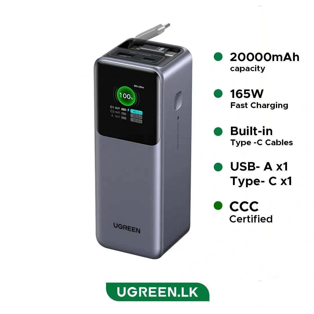 UGREEN 20000mAh 165W Nexode Smart Display Power Bank with Retractable Cable ( CCC version) – PB726 – 95670B – 1 Year Warranty