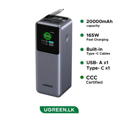 UGREEN 20000mAh 165W Nexode Smart Display Power Bank with Retractable Cable ( CCC version) – PB726 – 95670B – 1 Year Warranty
