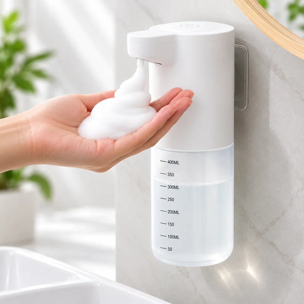 400ML Automatic Sensor Foam Soap Dispenser with 4 Adjustable Foam Levels, 1.5W, 0.25s Fast Response, USB Rechargeable, IPX5 Waterproof, 10s Cleaning Mode & Wall Mount Design