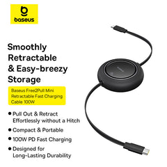Baseus Free2Pull Mini كابل قابل للسحب USB-C إلى USB-C بقوة 100 واط وطول 1.5 متر