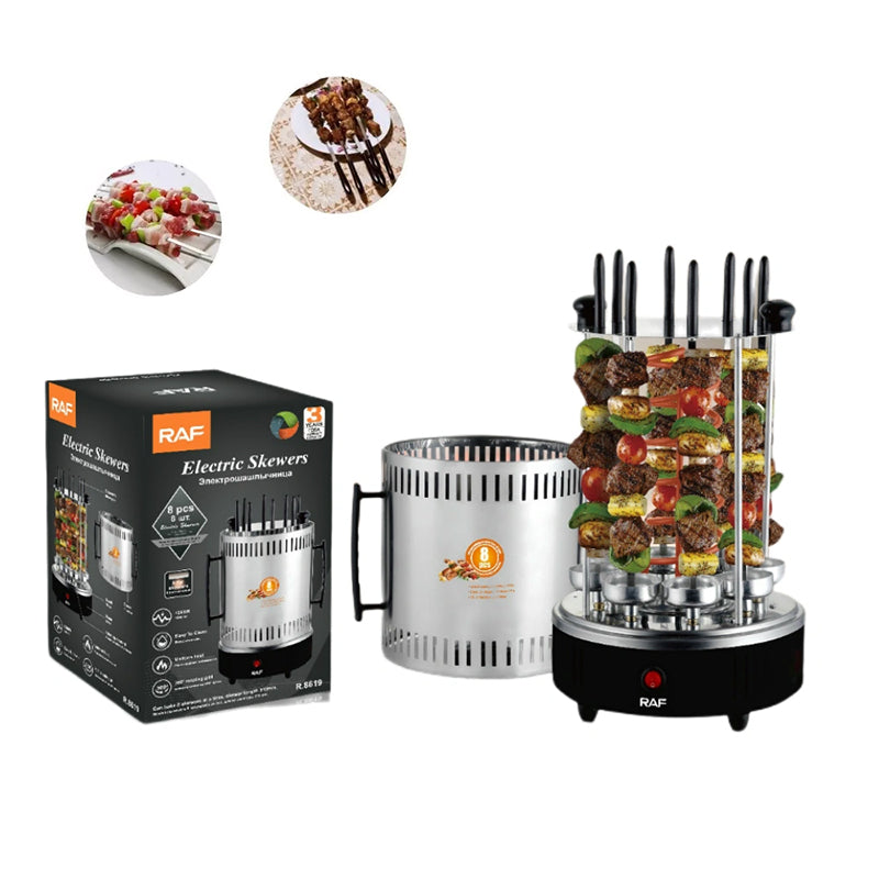 RAF Electric Vertical Rotating Charcoal Skewer Barbecue Grill - 8 Skewers & 1200W