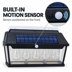 30W Solar Induction LED Wall Lamp with Motion Sensor, 5 Lighting Modes, 600LM Brightness, 1800mAh Rechargeable Battery, 5 Decorative Bulbs & Waterproof Design