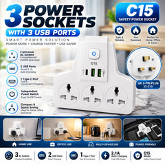 2500W Smart Power Wall Socket Adapter with 3 Universal AC Outlets, 2 USB Ports, 1 Type-C Fast Charging Port, 10A Heavy Duty Multi Plug, Power Switch & Flame Retardant Safety Design