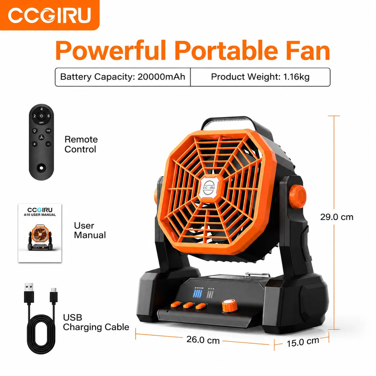 CCGIRU 20000mAh Rechargeable Portable Camping Fan with RC, Adjustable Speed, 3-Level LED Light, 2H/4H/6H Timer, Adjustable Rotation, Hanging Hook, Wireless Charging, USB Output & Type-C Input