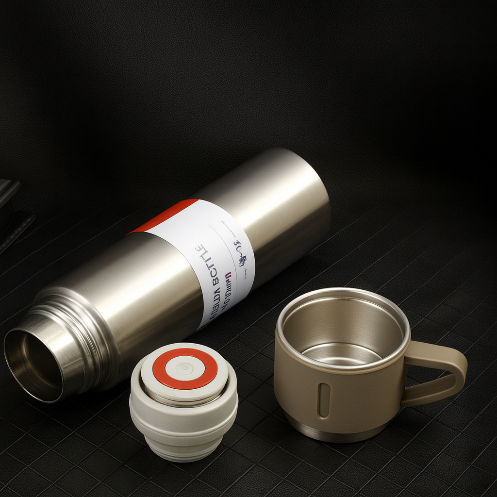 500ml Stainless Steel Double Wall Vacuum Flask with 3 Cup Lids – 12 Hours Hot & Cold Insulated Bottle for Outdoor, Office & Travel Use