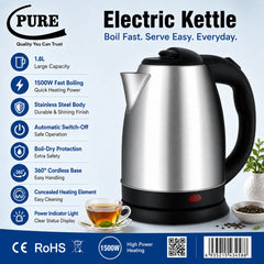 PURE 1.8L Stainless Steel Electric Kettle with 1500W Fast Boiling, 360° Cordless Power Base, Auto Shut-Off, Boil-Dry Protection and Easy-Lift Hinged Lid