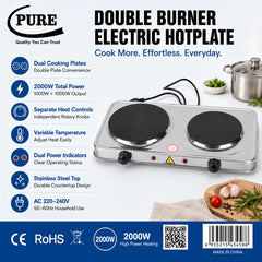 Double Electric Hot Plate with Dual 1000W Cooking Plates, 2000W Total Power, Variable Heat Control, Indicator Lights & Stainless Steel Portable Countertop Design – 46 x 26.5 x 7 cm