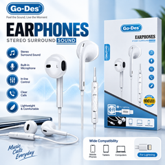 Go-Des GD-EP010 Lightning Wired Earphones with Stereo Surround Sound, Inline Controls, 32-Ohm Impedance and 20Hz–20kHz Frequency Response