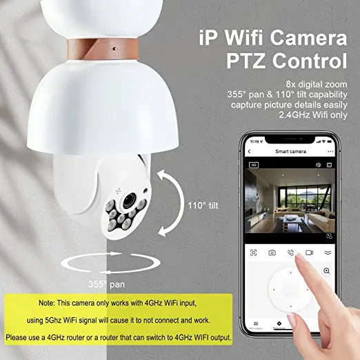 Smart 4G Ultra HD Wireless IP Security Bulb Camera for Indoor & Outdoor - 360° 2.4Ghz with PTZ, Color Night Vision, Two-Way Audio, Motion Detection Alarm