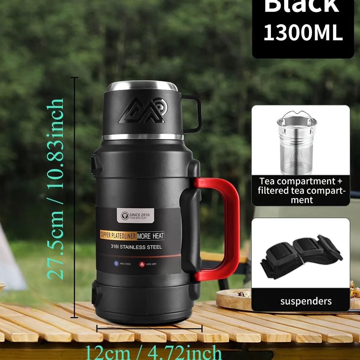 304 Stainless Steel Vacuum Insulated Travel Thermos Flask with Tea Infuser Filter, Portable Shoulder Strap, Multi-Layer Copper Insulation, Large Capacity Hot & Cold Beverage Bottle 1300ML / 1700ML / 2000ML / 2500ML