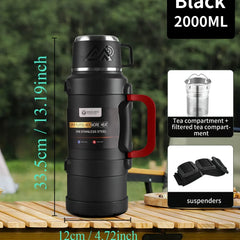 304 Stainless Steel Vacuum Insulated Travel Thermos Flask with Tea Infuser Filter, Portable Shoulder Strap, Multi-Layer Copper Insulation, Large Capacity Hot & Cold Beverage Bottle 1300ML / 1700ML / 2000ML / 2500ML