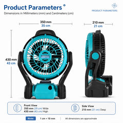 48V Cordless Rechargeable Portable Camping Fan with LED Work Light, 120° Adjustable Tilt, Multi-Speed Airflow, Battery & AC Adapter Compatible, Includes 48V Lithium Battery & Charger