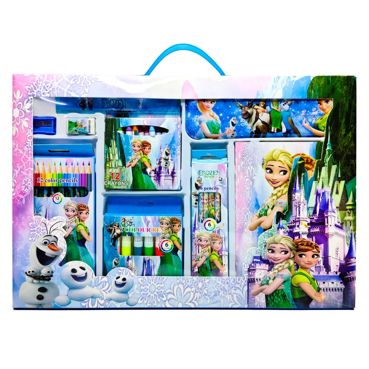 Premium 42-Piece Winter Princess Theme Kids Creative Stationery & Art Gift Set with 12 Color Pencils, 12 Crayons, 6 Pencils, 6 Color Pens, Coloring Book, Pencil Box, Ruler, Eraser & Sharpener