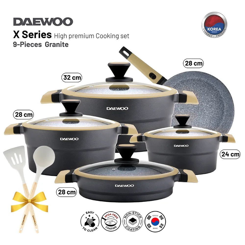 Daewoo X Series 11 Pcs Granite Cooking Set 32,28,24 cm Pot, 28 cm Pan, 28 cm Casserole with 2 Pcs of Utensil Tools - Black & Brown