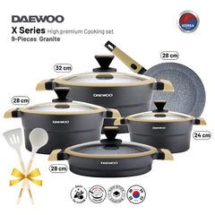 Daewoo X Series 11 Pcs Granite Cooking Set 32,28,24 cm Pot, 28 cm Pan, 28 cm Casserole with 2 Pcs of Utensil Tools - Black & Brown
