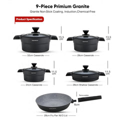 Daewoo X Series Non-Stick Granite Coating Cookware Set Of 9 (32,28,24 cm Pot, 28 cm Pan, 28 cm  Casserole) with Free 2 Pcs of Utensil Tools