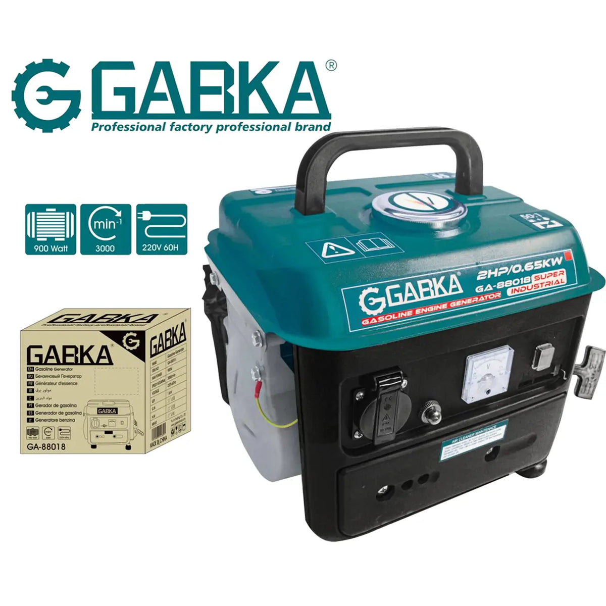 مولد بنزين محمول GABKA GA-88018 بقوة 900 واط، محرك 2 حصان سعة 63 سم مكعب، 220 فولت، 50/60 هرتز، جهاز احتياطي طاقة بنزين صغير الحجم