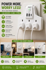 2500W Smart Power Wall Socket Adapter with 3 Universal AC Outlets, 2 USB Ports, 1 Type-C Fast Charging Port, 10A Heavy Duty Multi Plug, Power Switch & Flame Retardant Safety Design