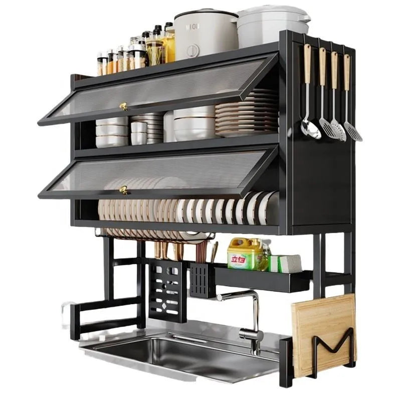 Double-Layer Over-Sink Dish Drying Rack with Multi-Purpose Storage for Dishes, Fruits, Mugs, Knives, Chopping Board & Detergent Bottles