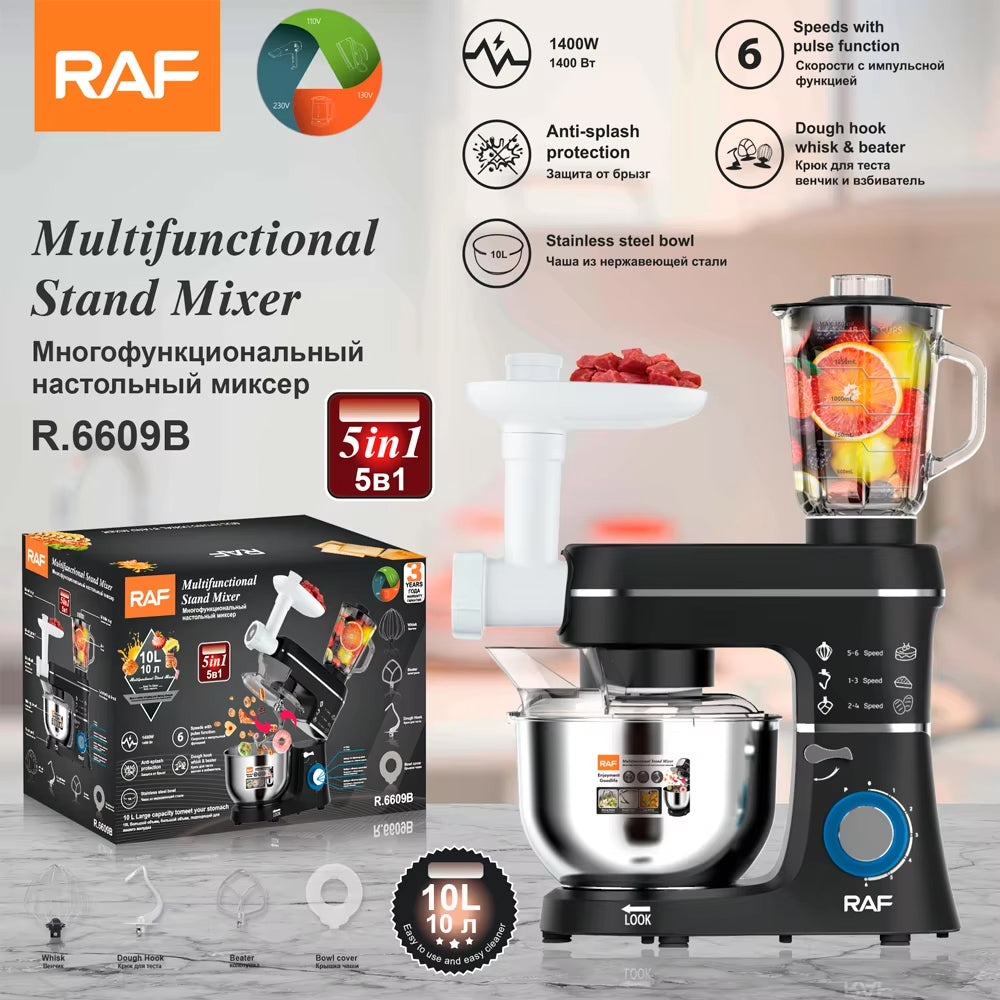 RAF 5-in-1 Multifunctional Stand Mixer with Meat Grinder, Blender and Dough Kneader - 1400W & 10 Litres