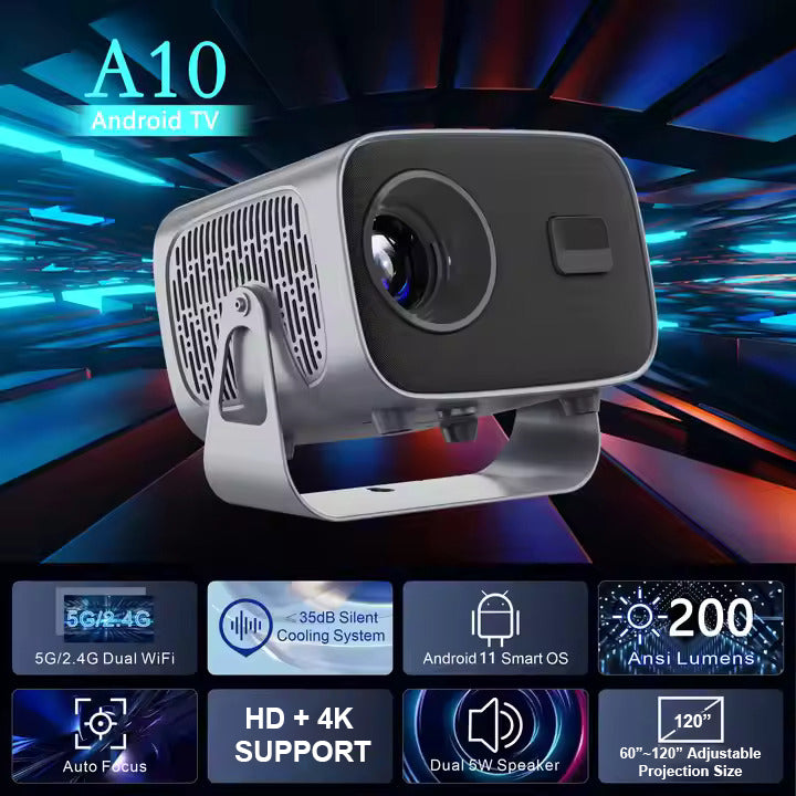 A10 Smart Android 4K WiFi Projector with Built-in Speaker, 200 Lumens, Bluetooth 5.0 with HDMI & Dual USB Ports.