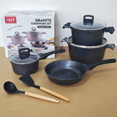 OSFE Granite Cookware Set 11 pcs (28, 20 cm Casserole, 24 cm Pan, 18 cm Saucepan, 2 Pcs Kitchen Tools ) - Dark Grey