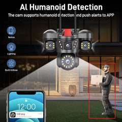 4G SIM Solar Powered AI Smart 4-Lens PTZ Outdoor Security Camera with 360° Pan Tilt, Quad View, AI Human Detection, Smart Tracking, HD Color Night Vision, Two-Way Audio & Multi-Alarm System