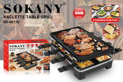 SOKANY Raclette Table Grill with 8 Individual Non-Stick Pans for Meat, Vegetables & Cheese Melting - 1600W