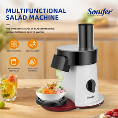 Sonifer 5-in-1 Electric Salad Maker with Stainless Steel Cutting Discs, Multi-Function Slicer Shredder Julienne Processor and Extra Wide Feeding Tube - 200W