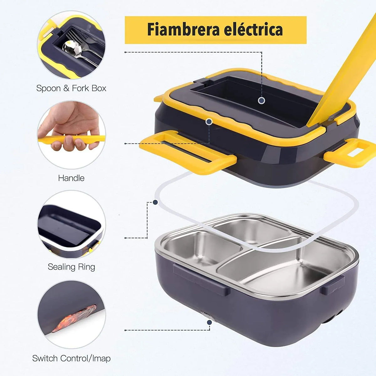 1.5L Electric Heated Lunch Box 40W Food Warmer with 3 Stainless Steel Food Compartments, 110V/220V & 12V/24V Car & Truck Compatible, Portable Food Heating Lunch Box with Spoon & Fork