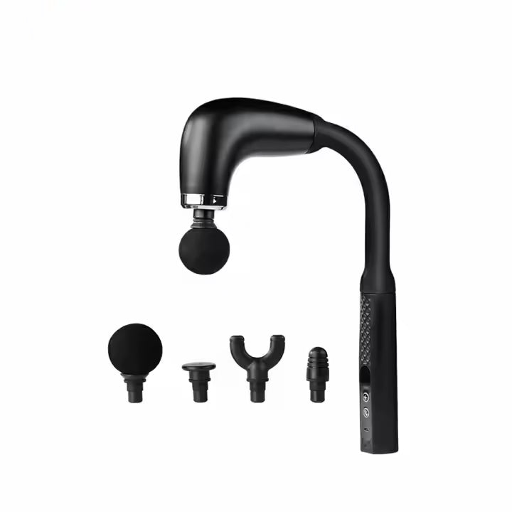 Curved Portable Handheld Shiatsu Massager with 4 Interchangeable Heads - Rechargeable