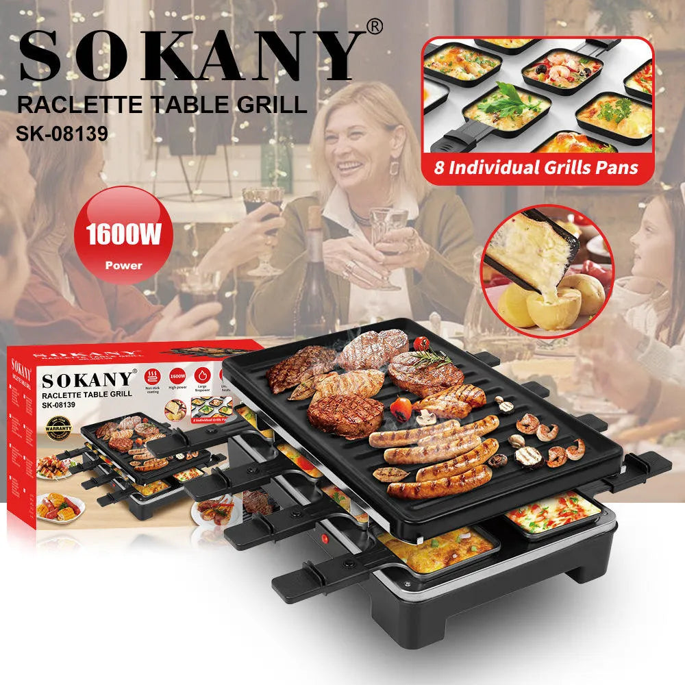 SOKANY Raclette Table Grill with 8 Individual Non-Stick Pans for Meat, Vegetables & Cheese Melting - 1600W