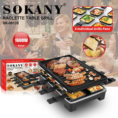SOKANY Raclette Table Grill with 8 Individual Non-Stick Pans for Meat, Vegetables & Cheese Melting - 1600W