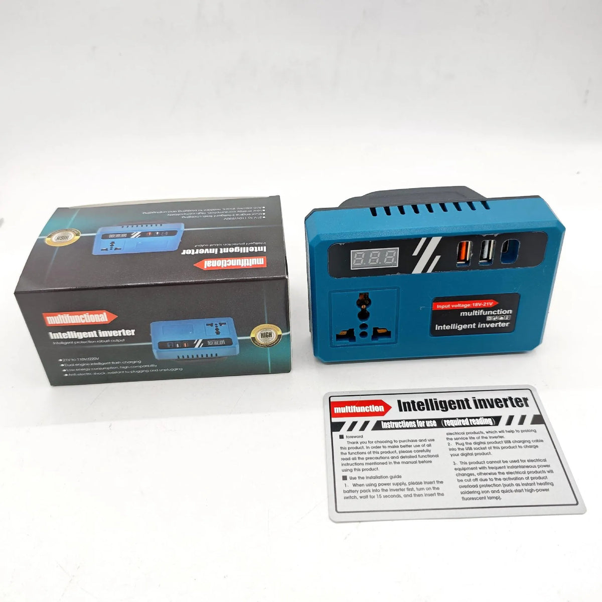 Multifunction Intelligent Inverter with 2 × 48VF Rechargeable Batteries, 18–21V Input, Universal AC Socket, LED Display, 2 USB-A Ports, USB-C Port & Intelligent Protection