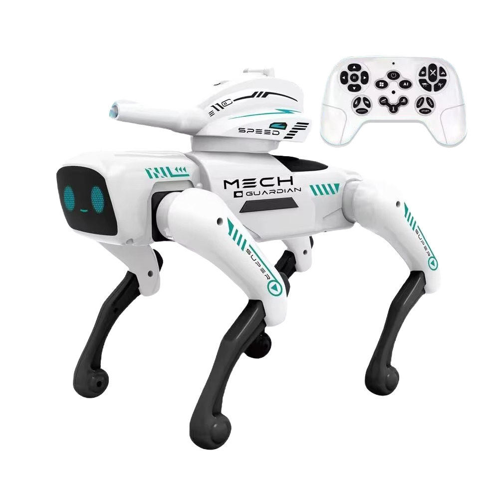 Mech Guardian Intelligent RC Robot Dog Toy with Water Bomb Launcher, LED Eyes, Dancing, and Educational Modes - Rechargeable & Mobile App Controllable